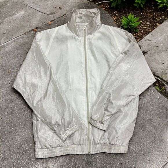 Morgan Square Vintage 80s Nylon Grey White Windbreaker Jacket Full Zip Mens M - Picture 1 of 7